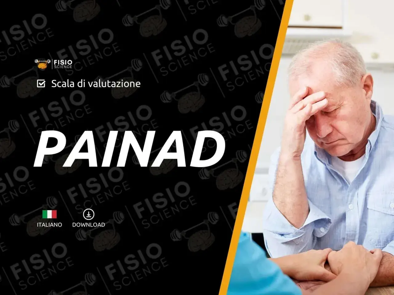 Anziano con la mano sulla fronte, simbolo di dolore. La **painad scala** valuta il disagio.