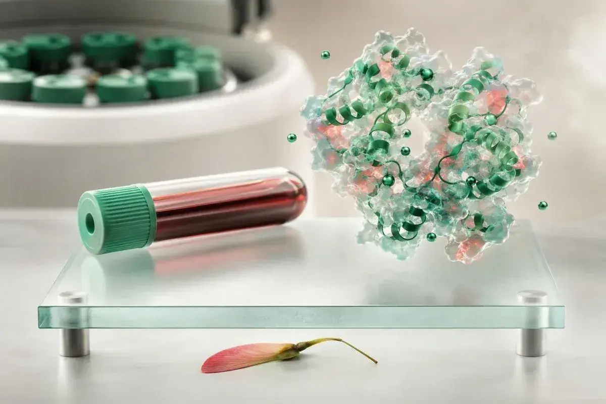 Analisi molecolare di un campione di sangue, forse per un test di Thomas, con una struttura proteica in evidenza.