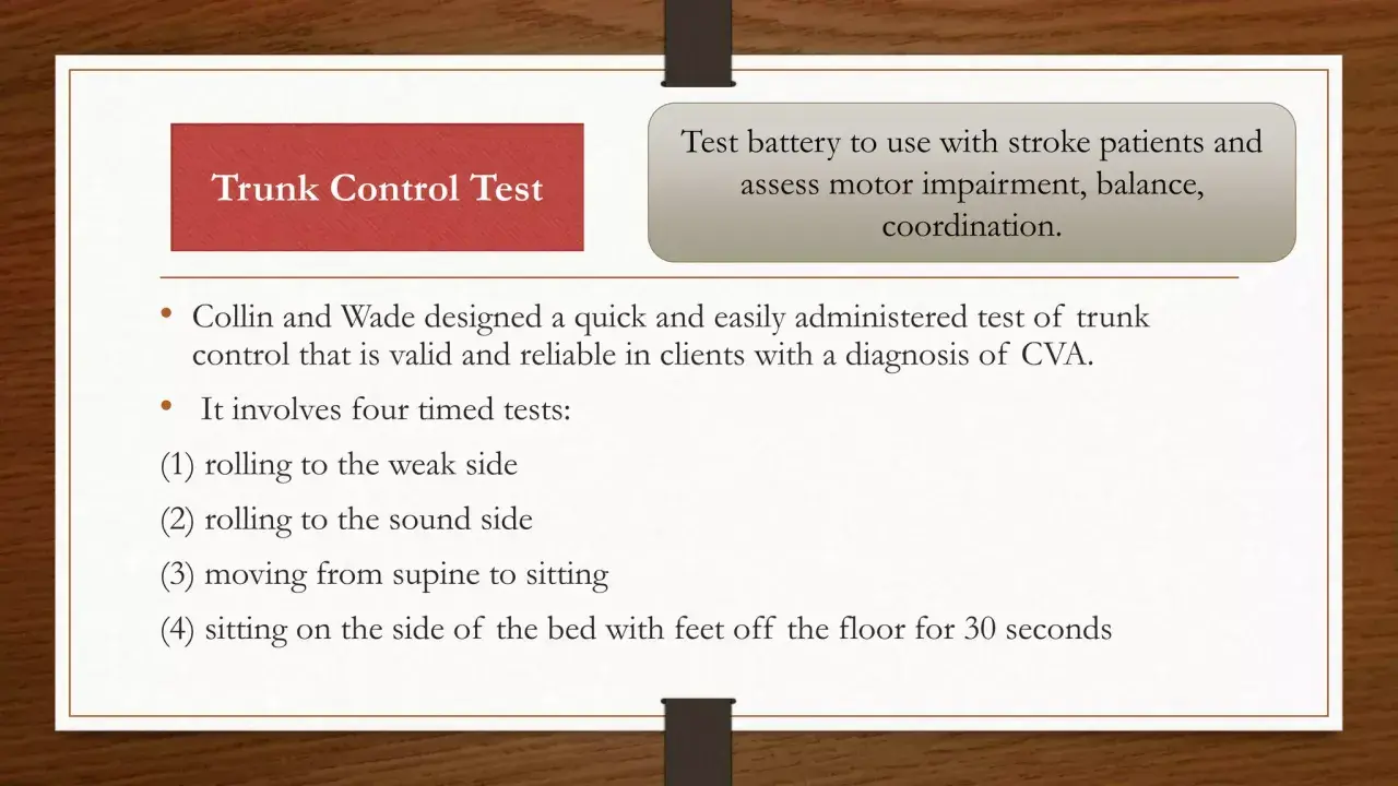 Test di controllo del tronco per valutare mobilità, equilibrio e coordinazione in pazienti con diagnosi di CVA. Include 4 prove cronometrate.