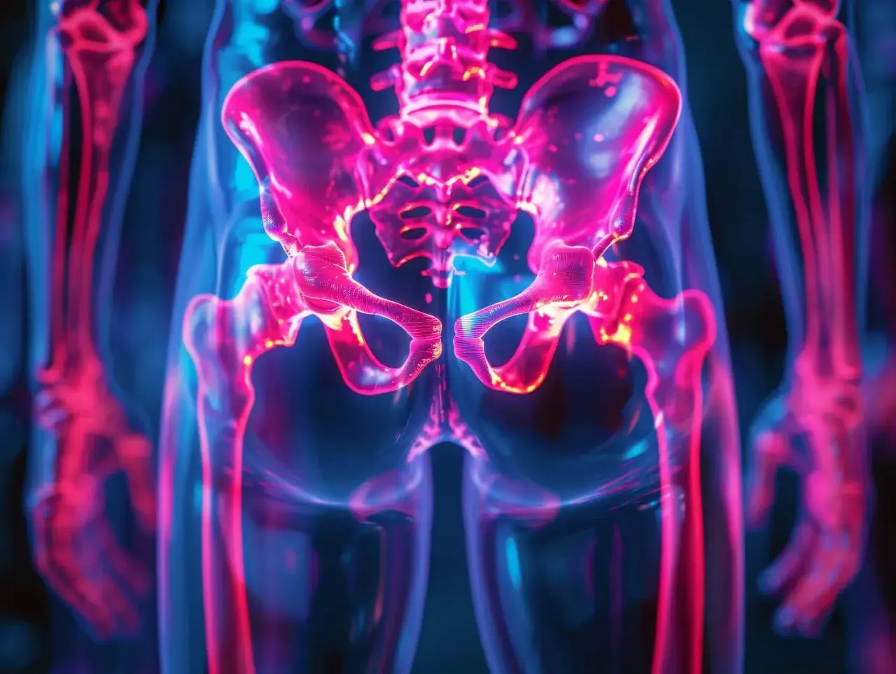 Illustrazione 3D del bacino e delle gambe, con enfasi sul coccige, che potrebbe indicare una frattura coccige.