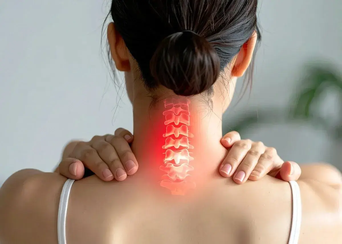 Dolore al collo, forse una gobba della vedova. La colonna vertebrale cervicale è evidenziata in rosso, indicando sofferenza.