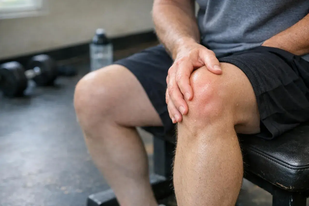 Uomo con mano sul ginocchio, forse un dolore ai tendini della gamba dopo l'allenamento.