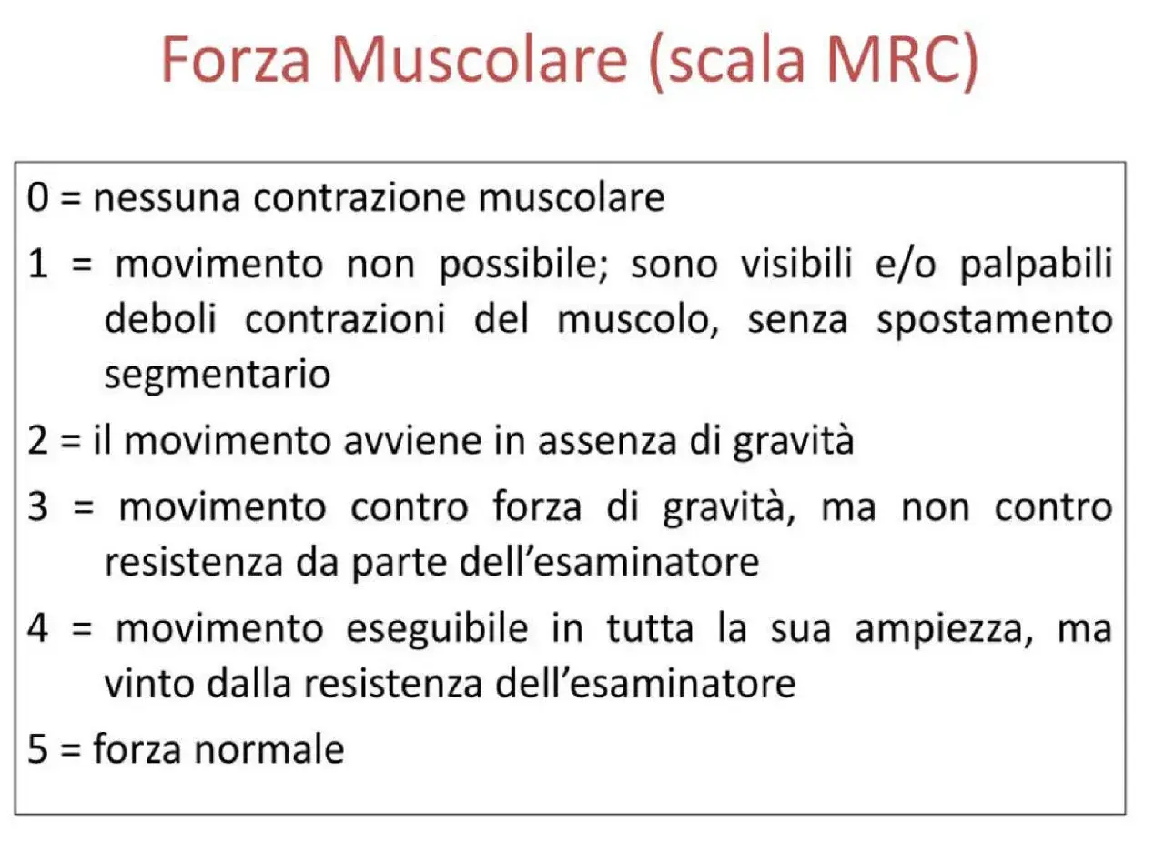 Scala MRC per la forza muscolare: da 0 (nessuna contrazione) a 5 (forza normale), con descrizioni dettagliate per ogni livello.