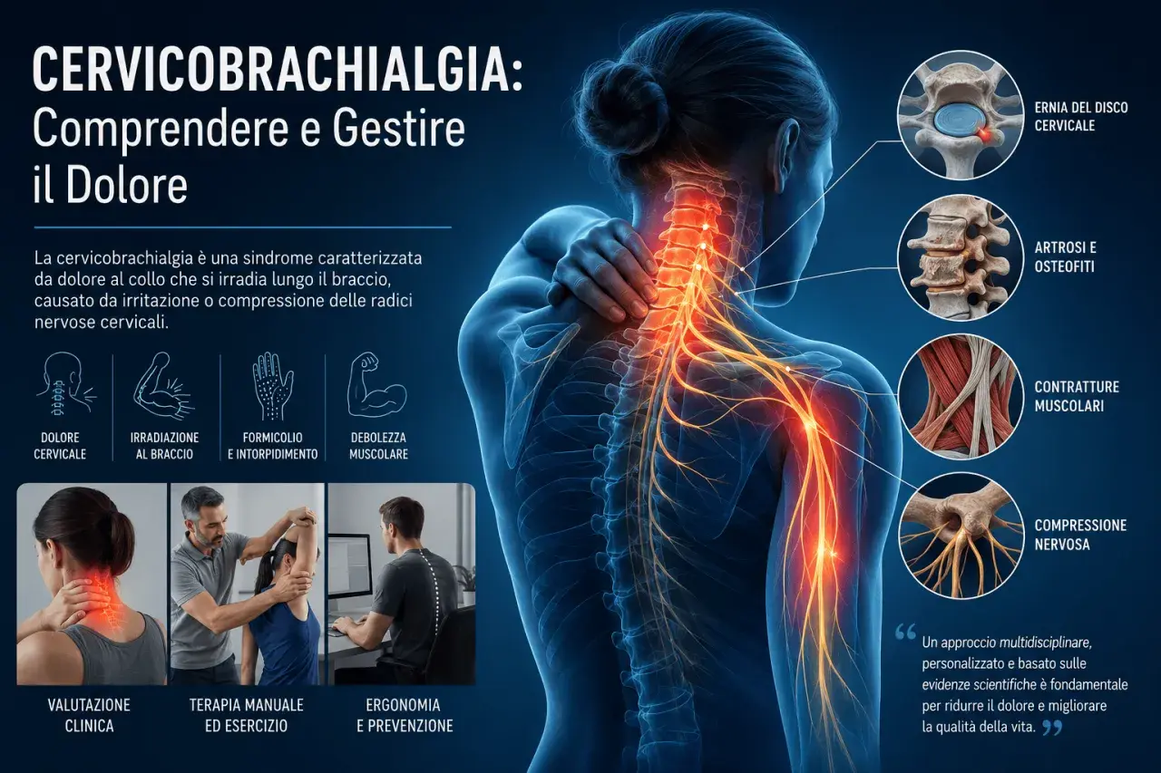 Anatomical illustration of the cervical spine and nerves, showing pain and causes of cervicobrachialgia.