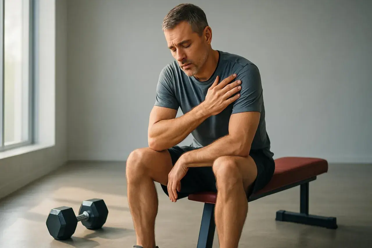 Uomo seduto su panca in palestra, con mano sulla spalla, soffre di **sovraccarico muscolare** dopo l'allenamento.