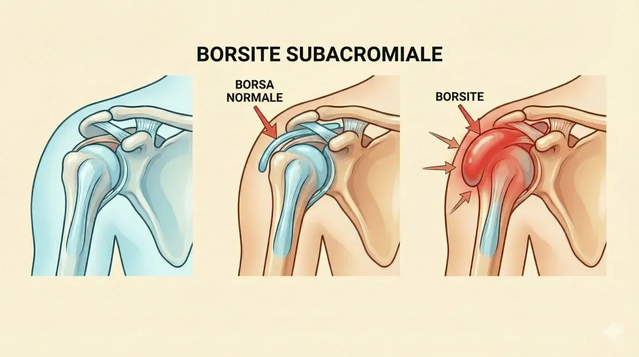 Illustrazione anatomica della spalla: a sinistra, spalla sana; al centro, borsa normale; a destra, spalla con borsite subacromiale infiammata.