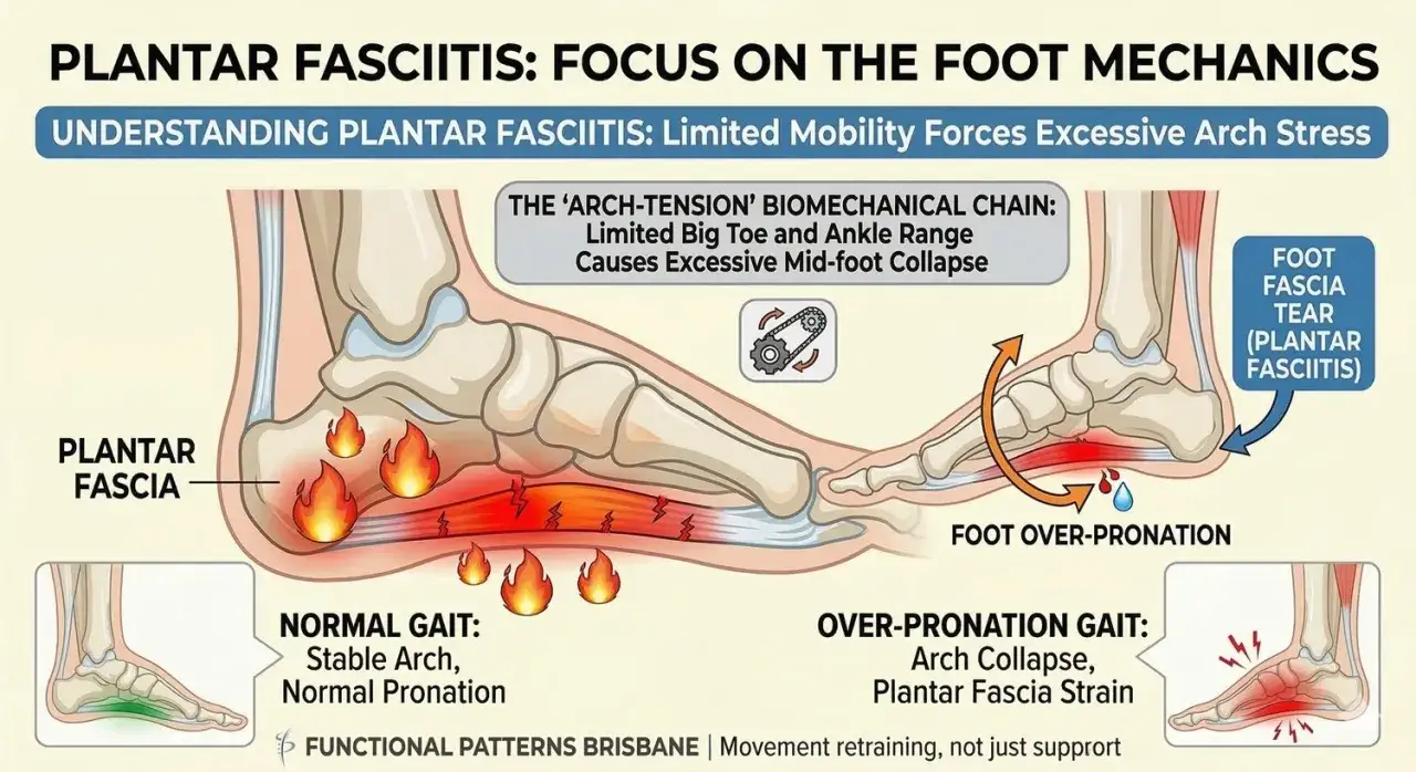 La tallonite, o fascite plantare, è causata da un eccessivo stress sull'arco plantare dovuto a mobilità limitata. L'immagine mostra come l'iperpronazione porta a questo problema.