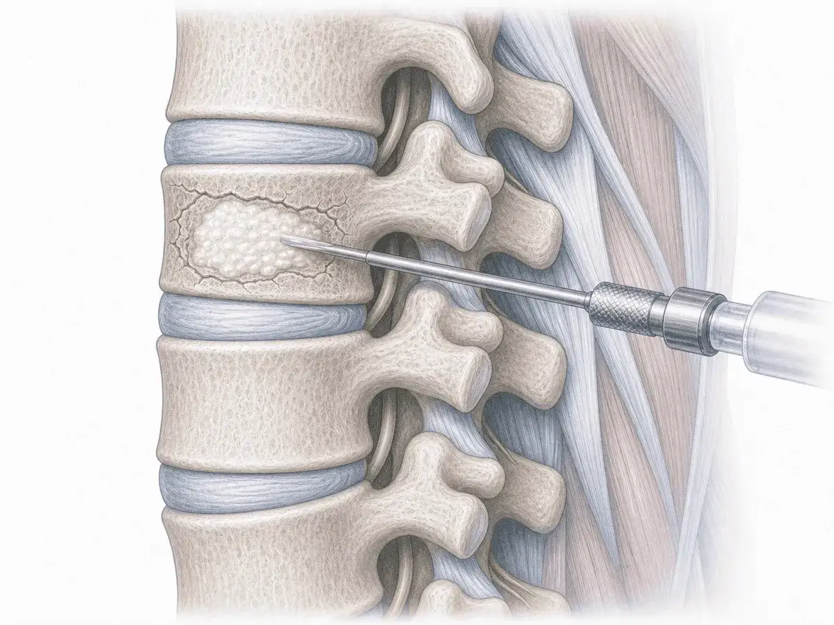 Illustrazione medica che mostra una vertebroplastica: un ago inietta cemento in una vertebra fratturata.