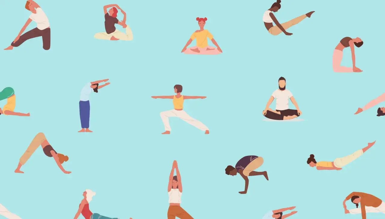 Persone in varie posizioni yoga. Scopri come curare il torcicollo in 10 secondi con questi esercizi.