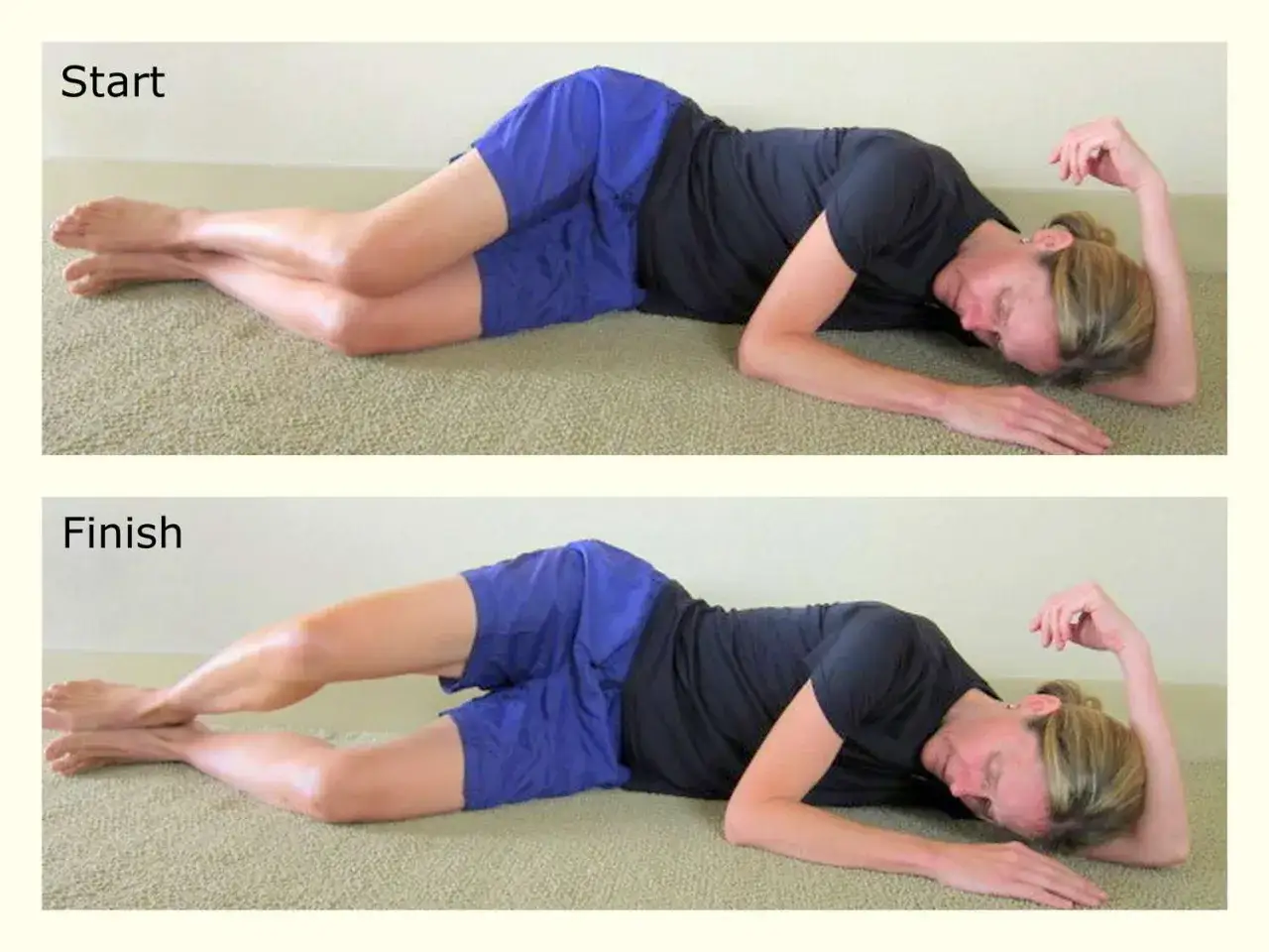 Esercizio per la bandelletta ileotibiale: posizione iniziale e finale di un movimento di stretching laterale delle gambe.
