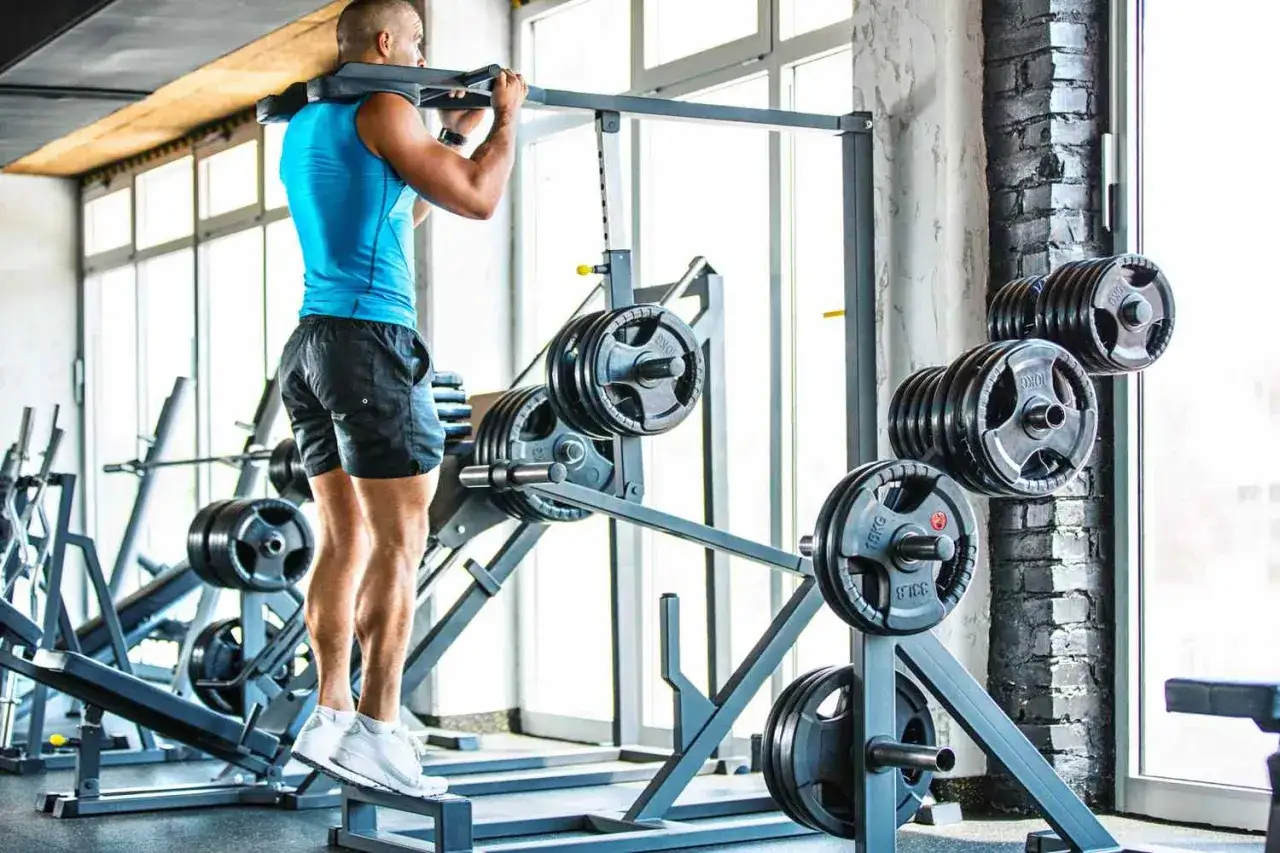 Uomo in palestra esegue esercizi per i polpacci con bilanciere, un allenamento che pu&ograve; aiutare a prevenire la tendinopatia achillea.