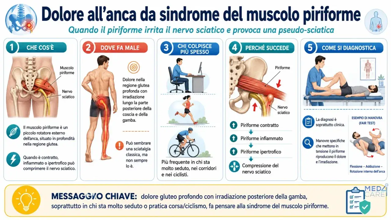 Dolore profondo al gluteo con irradiazione alla gamba, tipico del muscolo piriforme infiammato, pu&ograve; simulare la sciatica.