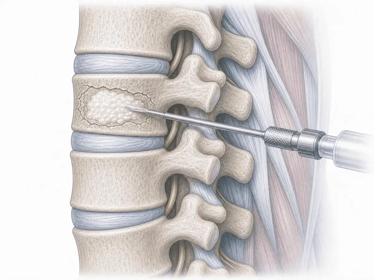 Illustrazione di vertebre con frattura e ago per vertebroplastica. Inizia la convalescenza.
