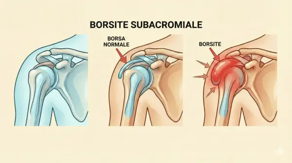 Illustrazione anatomica della spalla: a sinistra, spalla sana; al centro, borsa normale; a destra, spalla con borsite subacromiale infiammata.